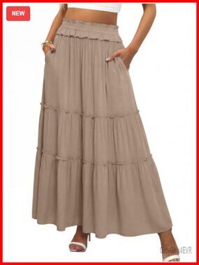 Womens Maxi Skirt Flowy Tiered Ruffle High Waist 100% Rayon Long Skirt